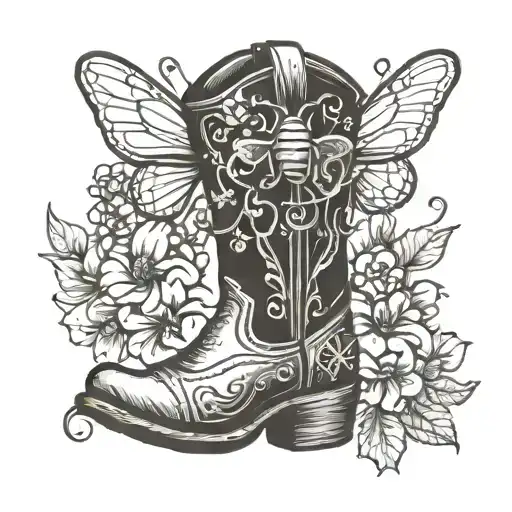 Cowboy boot with bee and 6 tattoo design idea