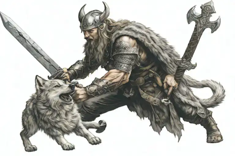 a viking kills a giant wolf with a sword tattoo design idea