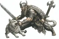 a viking kills a giant wolf with a sword tattoo design idea