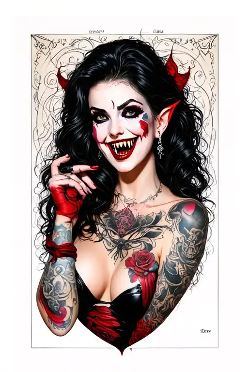 sexy vampire woman, big boobs, inviting smile with fangs, beautiful woman, tattoos, pin up, full body,  tattoo design idea