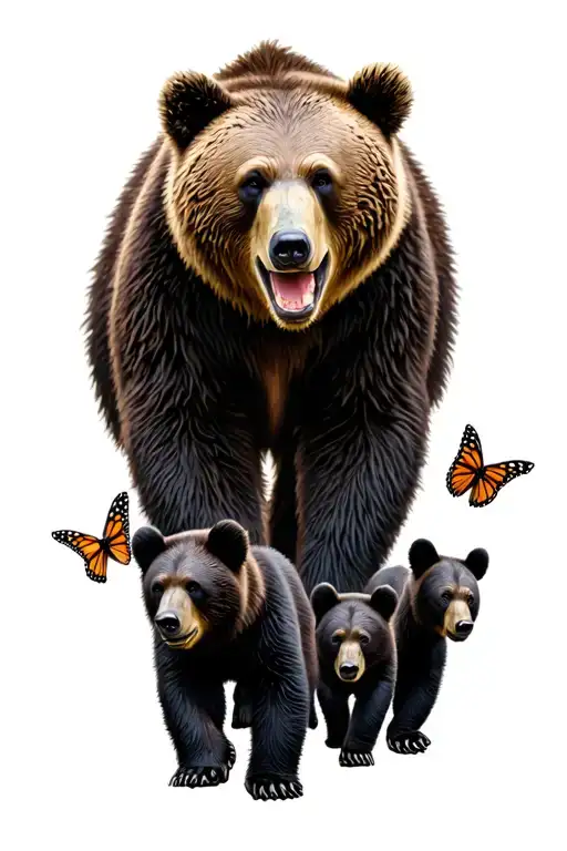 Papa bear and 3 black bear cubs and 2 monarch butterfly walking in the wilderness trees tattoo design idea