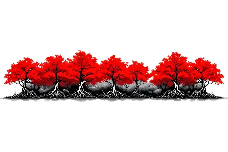 red mangroves in a row, small gap between trees, naturally accurate walking root systems and leaves, no color tattoo design idea