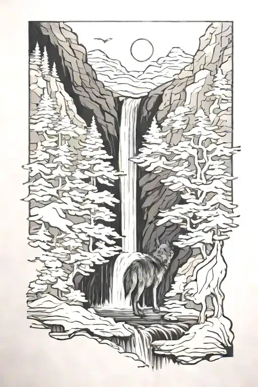 wolf mountain waterfall surrounded tattoo design idea