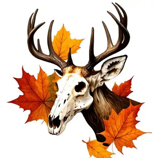 deer skull surrounded by maple leaves tattoo design idea