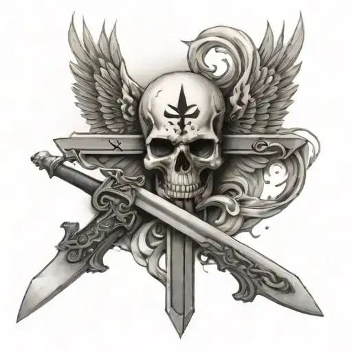 A cross shaped sword, two skulls, wings and the lettering o23  tattoo design idea