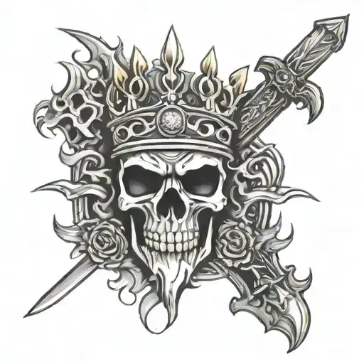 Kings crown set aflame with a katana and 1-10-81 in Roman numerals tattoo design idea