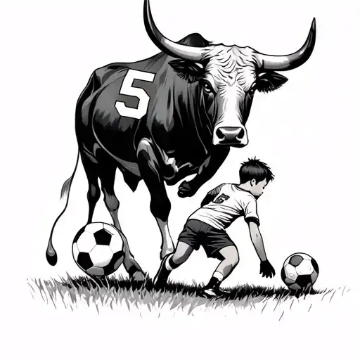 I want a bull looking down on a little boy playing soccer with a 5 on his back then I want to add a never give up sign tattoo design idea