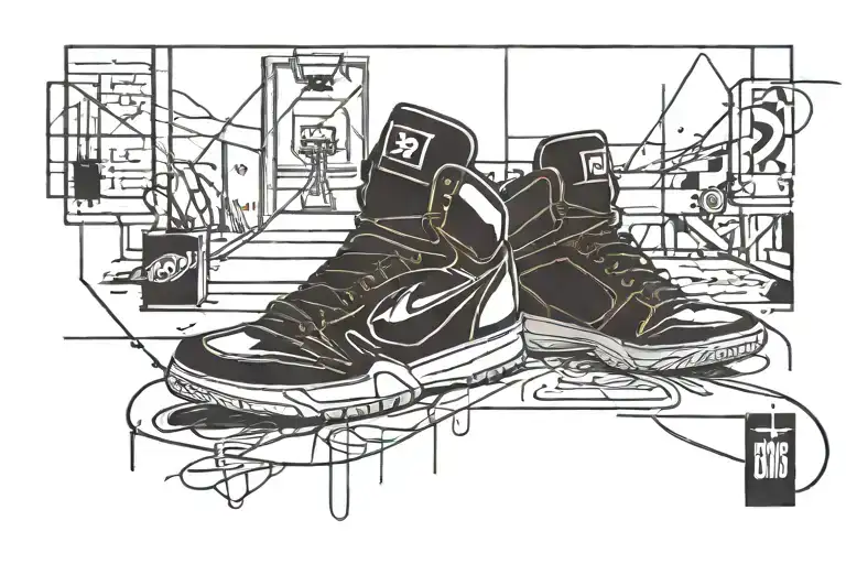 street basketball court, 90s radio, basketball shoes and graffiti tattoo design idea