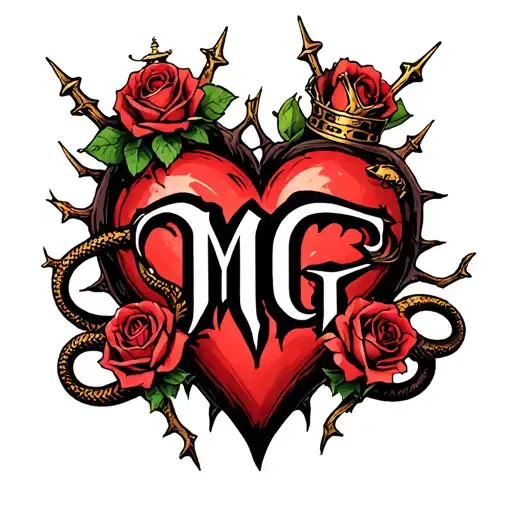 "M G" Gothic-style heart entangled with thorns, topped with a crown, four roses, and two angry snakes with Gothic-style letter tattoo design idea