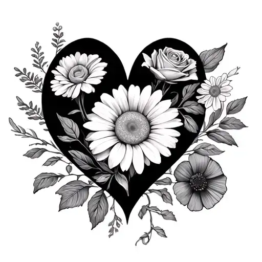 Fine line heart tattoo where the outline of the heart is made of the following birth flowers: daisy, rose, cosmo, poppy tattoo design idea