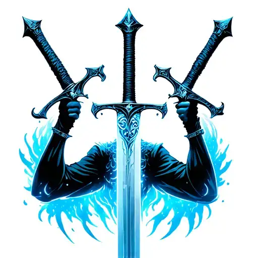 Three floating swords (Archangel Michael–inspired, with anime flair like Black Clover)Blue divine aura around the biceps tattoo design idea