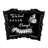  caterpillar looking into a mirror and sees a butterfly. words around it say to be loved is to be changed.  tattoo design idea