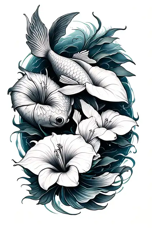 koi fish with peace lily flower tattoo design idea