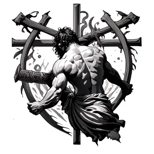 Samson breaking free with a cross in the back tattoo design idea