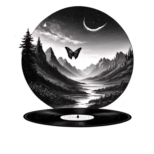  a circle shape -top half nature and mountains-bottom half vinyl record-small butterfly coming out in a stipple effect  tattoo design idea
