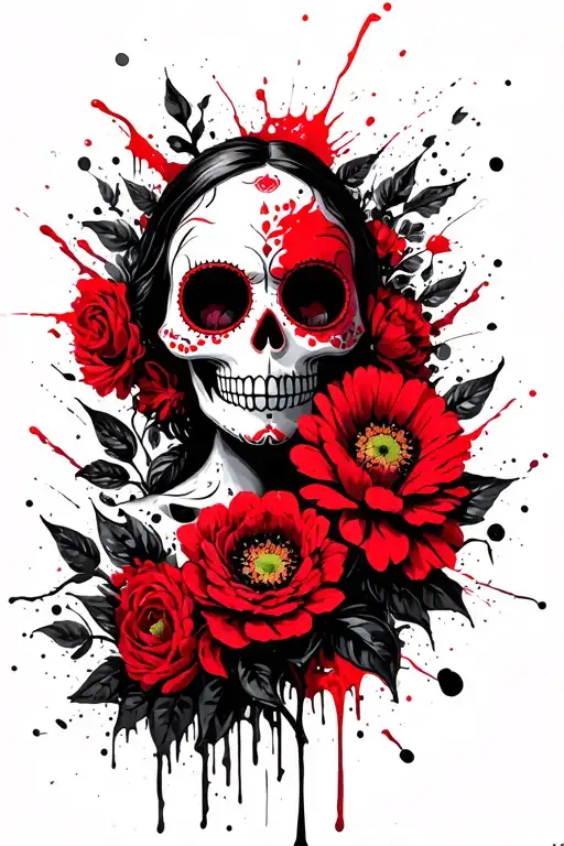 sugar skull and flowers growing tattoo design idea