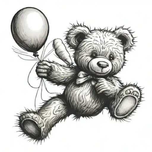 tatty teddy bear holding balloon floating away. identical bear below it reaching up but can't touch each other.  tattoo design idea