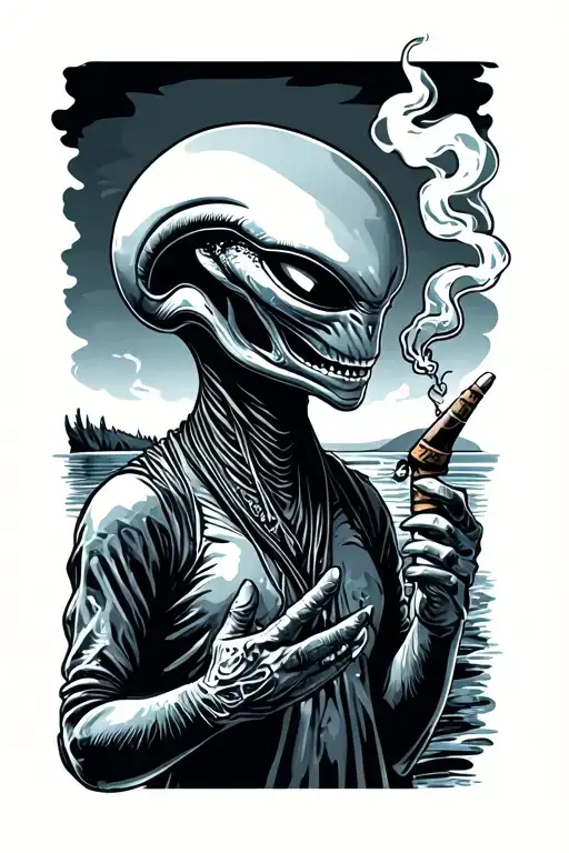 alien smoking joint fishing tattoo design idea
