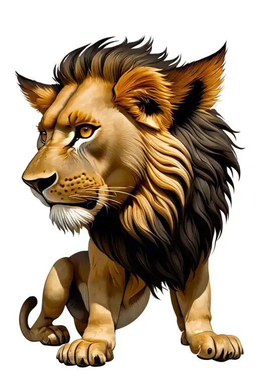 Dwarf lion head erected vertically on its back legs, side view. CHRP EARS. tattoo design idea