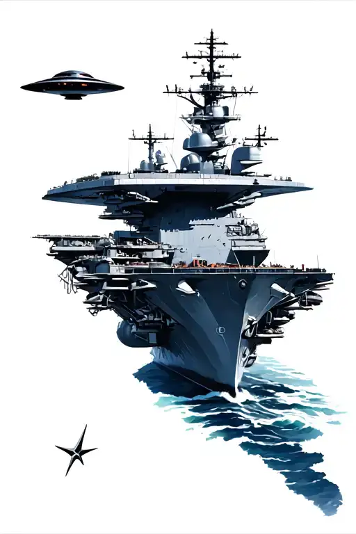 triangle ufo hovering over the USS Theodore Roosevelt aircraft carrier tattoo design idea