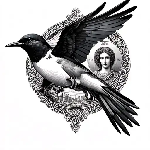 flying swallow bird and Saint Christopher medallion tattoo design idea