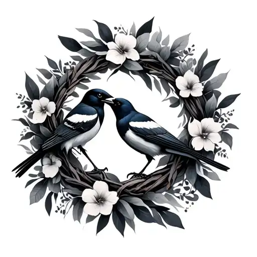 2 magpie surrounded by a wreath encircling tattoo design idea