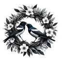 2 magpie surrounded by a wreath encircling tattoo design idea