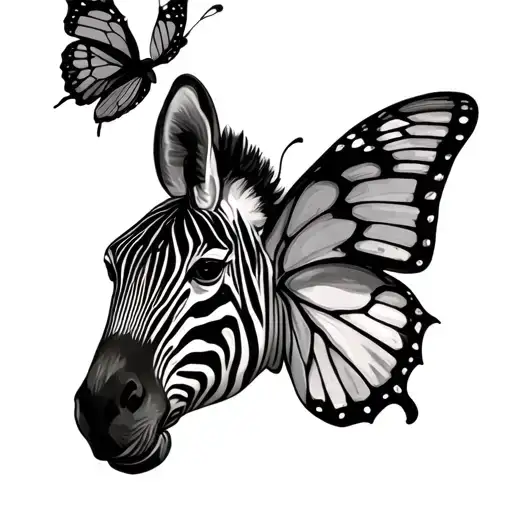 zebra with butterfly resting tattoo design idea