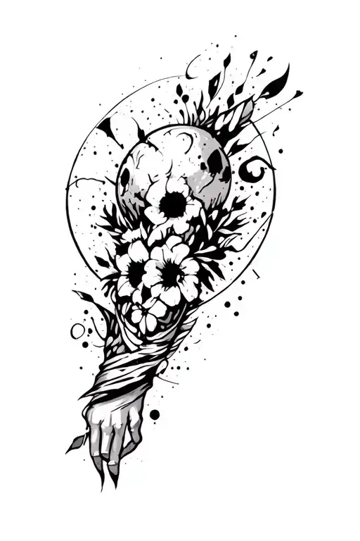 black and grey arm sleeve mixing trash polka, neo traditional and sketchwork tattoo design idea