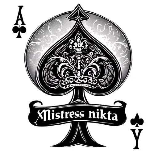 "Mistress nikita" a Queen of spades symbol with a text below it tattoo design idea