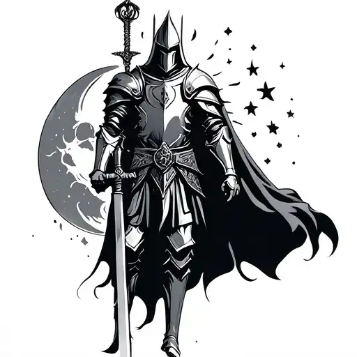 gothic knight with moon stars and sun tattoo design idea