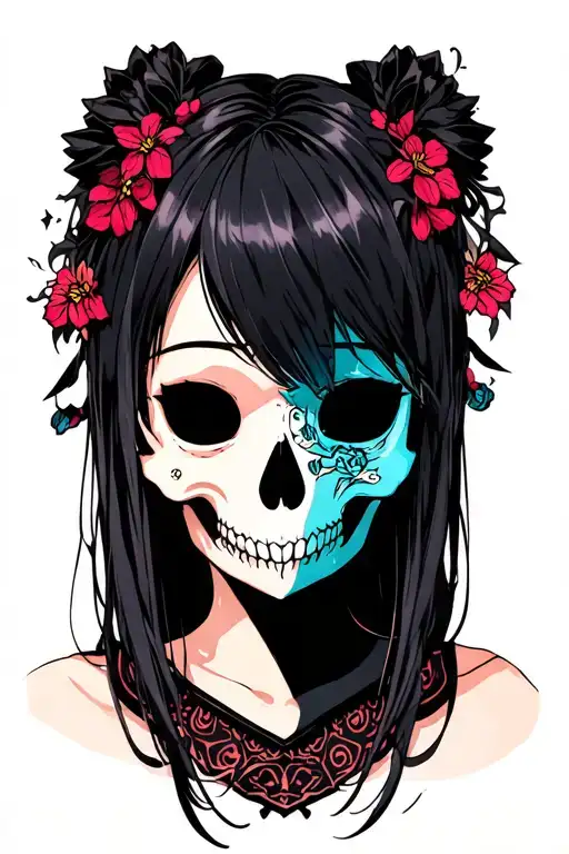 nezuko anime with half skull face tattoo design idea