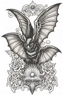 bat with wings spread in traditional style, black color tattoo design idea
