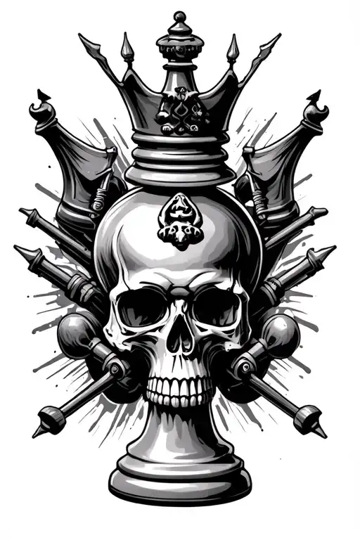 back ground king chess piece chess board intertwined with skull and dirtbike tattoo design idea