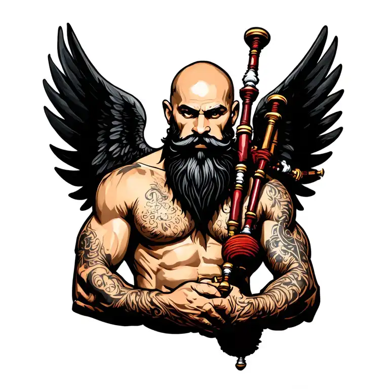scottish bagpiper bald black beard muscular wearing glengarry pipes in arm big black wings shirtless tattoo tattoo design idea