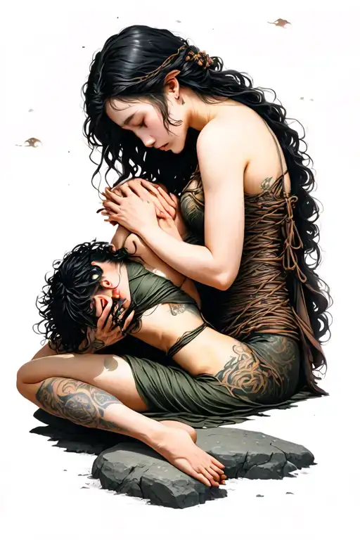Woman in shibari bodage being comforted by master while crying after sex. Both at laying on stone under the moon tattoo design idea