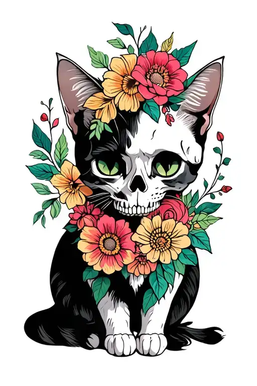 Mexican cat skull flowers growing tattoo design idea