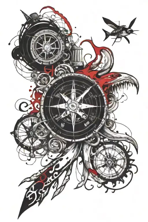 compass AND Giant squid wrapped tattoo design idea