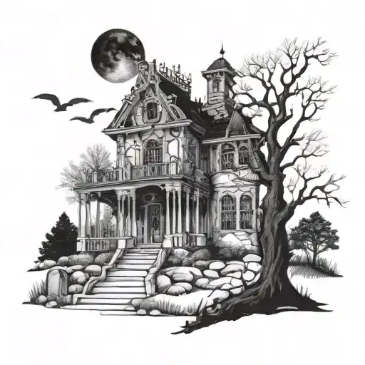A sinister-looking haunted mansion with a full moon in the background, surrounded by eerie trees and gravestones tattoo design idea