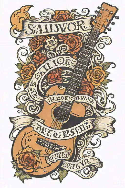 guitar with banner wrapped around that says Salvador and date on guitar neck 10-29-2023 tattoo design idea