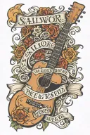 guitar with banner wrapped around that says Salvador and date on guitar neck 10-29-2023 tattoo design idea