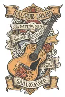 guitar with banner wrapped around that says Salvador and date on guitar neck 10-29-2023 tattoo design idea