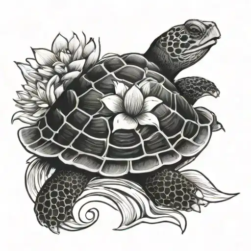 Japanese Turtle with lotus flower blooming and wave tattoo design idea