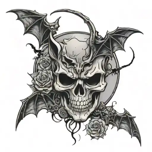 halloween crescent moon with skull face and bats, cat, spider tattoo design idea