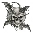halloween crescent moon with skull face and bats, cat, spider tattoo design idea