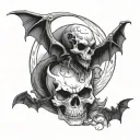halloween crescent moon with skull face and bats, cat, spider tattoo design idea