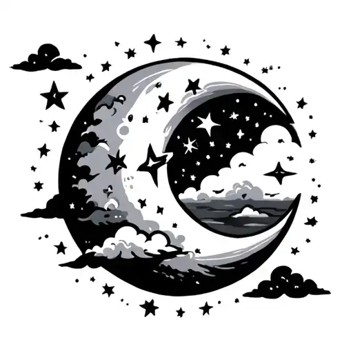 cresent moon with stars and cloud tattoo design idea