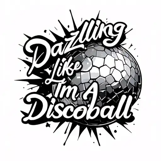 The words "Dazzling Like Im A Discoball" In a cute font and arty layout with a fractured and cracked discoball beside tattoo design idea