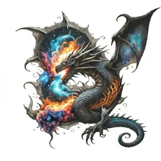 A blackwork tattoo of a dragon breathing fire into a nebula, creating a cosmic explosion of colors tattoo design idea