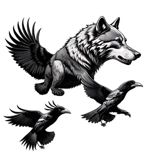 Bear, Wolf and ravens flying tattoo design idea